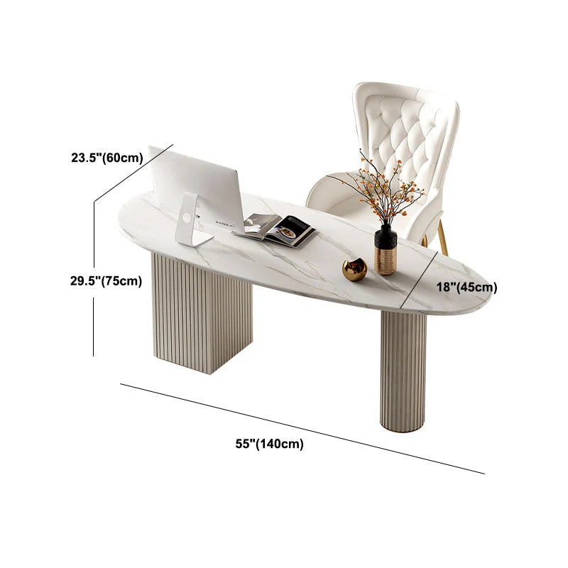 Bureau de forme irrégulière, bureau blanc avec pieds en métal et 3 tiroirs Clearhalo