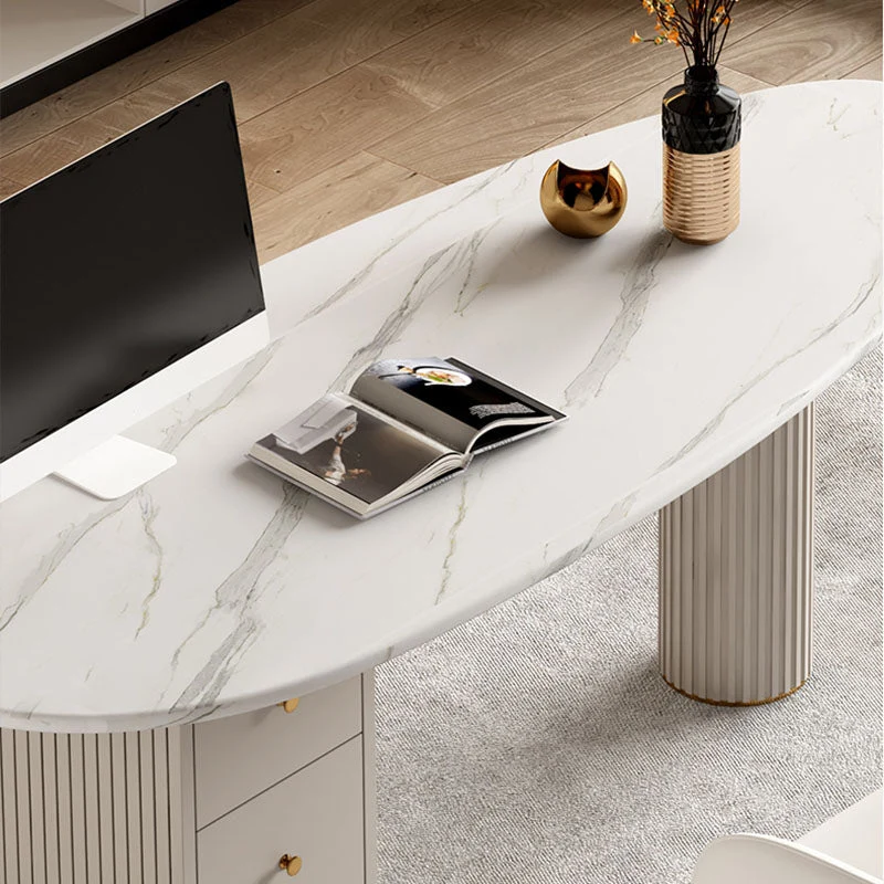 Bureau de forme irrégulière, bureau blanc avec pieds en métal et 3 tiroirs Clearhalo
