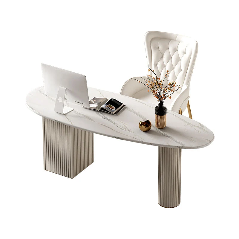 Bureau de forme irrégulière, bureau blanc avec pieds en métal et 3 tiroirs Clearhalo