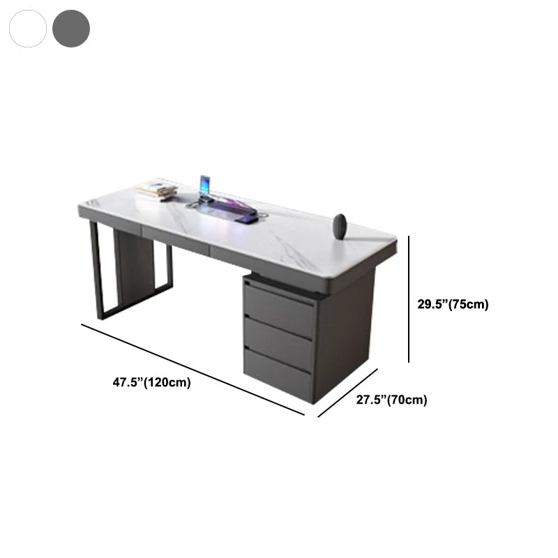Bureau gris et blanc avec classeur, gestion des câbles Clearhalo
