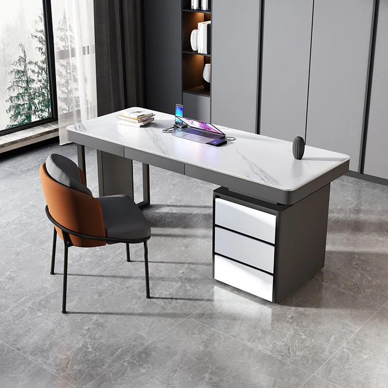 Bureau gris et blanc avec classeur, gestion des câbles Clearhalo