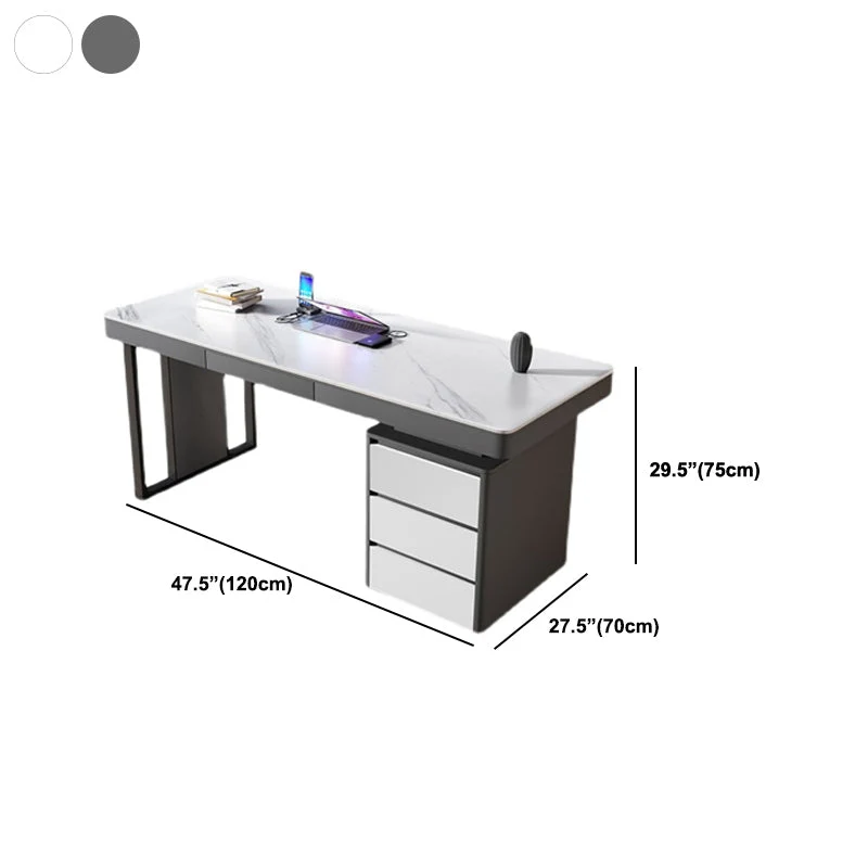 Bureau gris et blanc avec classeur, gestion des câbles Clearhalo