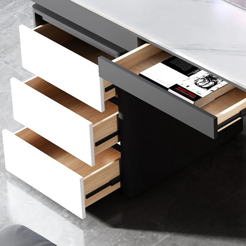 Bureau gris et blanc avec classeur, gestion des câbles Clearhalo