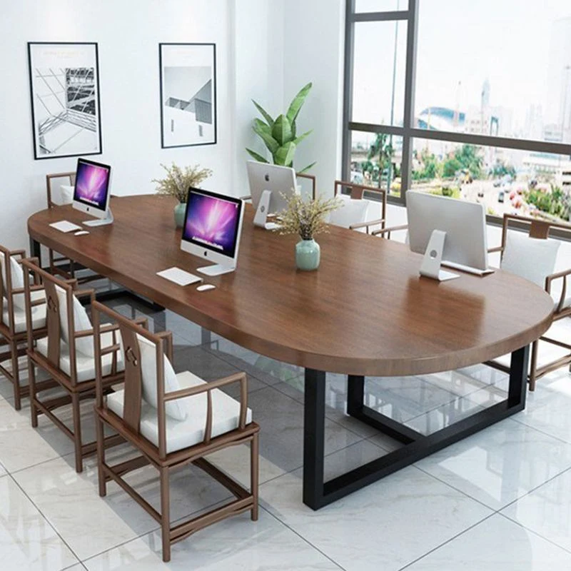 Bureau industriel en bois massif, bureau ovale en pin marron Clearhalo