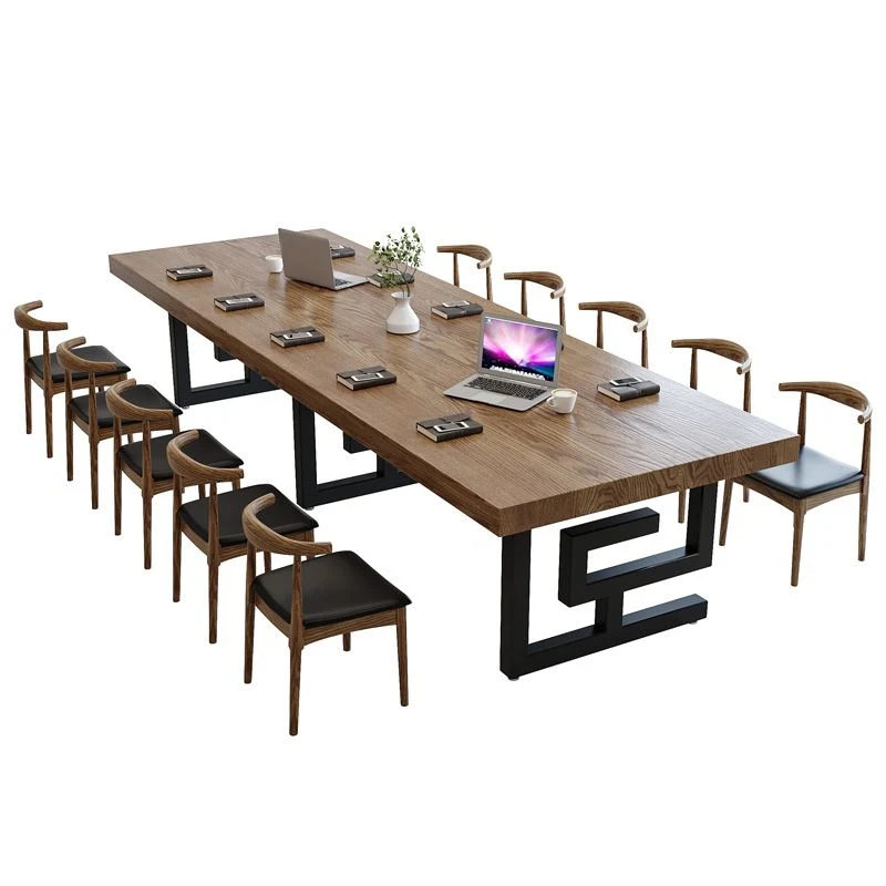 Bureau industriel en bois de pin, bureau rectangulaire marron avec base en métal Clearhalo