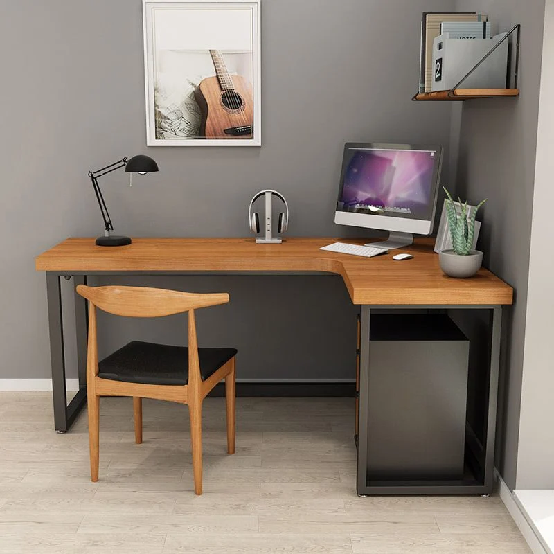 Bureau industriel en pin massif, table d'écriture fixe en forme de L Clearhalo