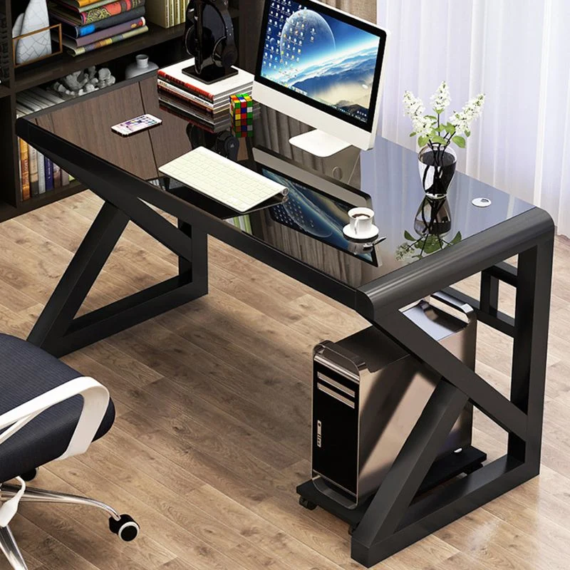 Bureau de jeu moderne avec plateau en verre, bureau d'ordinateur rectangulaire de 29,53 po de hauteur avec pieds en acier...