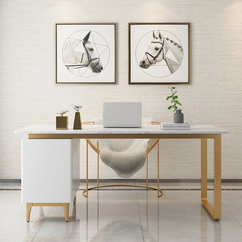 Bureau en marbre artificiel Bureau de style glamour avec 3 tiroirs Clearhalo