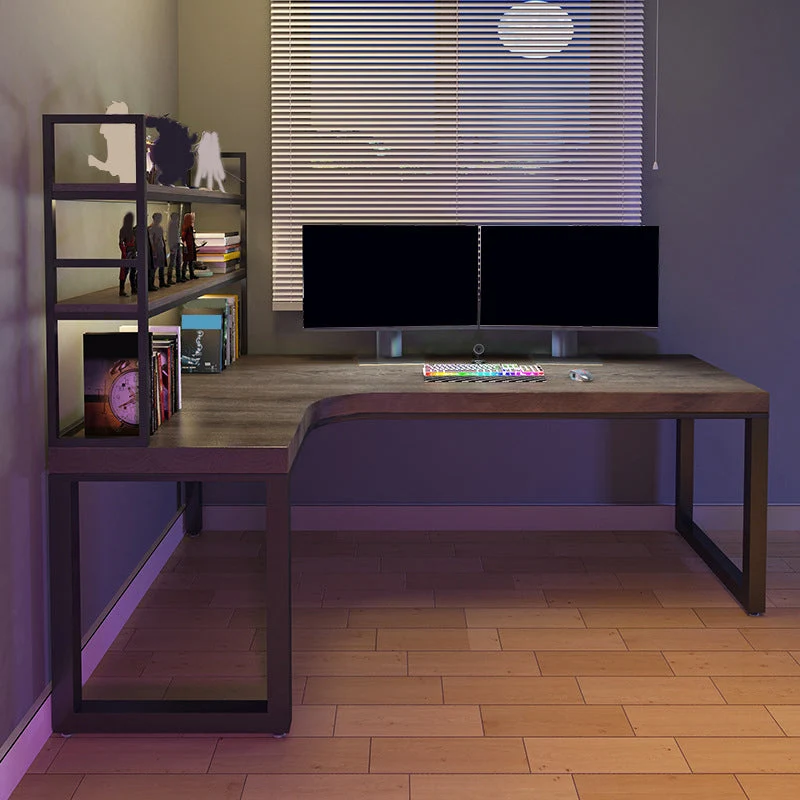 Bureau moderne en bois massif, bureau d'écriture en forme de L avec étagère pour bureau Clearhalo