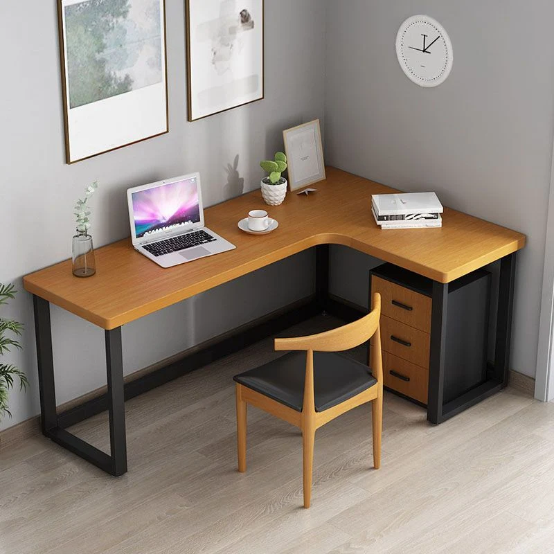 Bureau moderne en forme de L naturel, bureau d'écriture en bois massif avec tiroirs Clearhalo