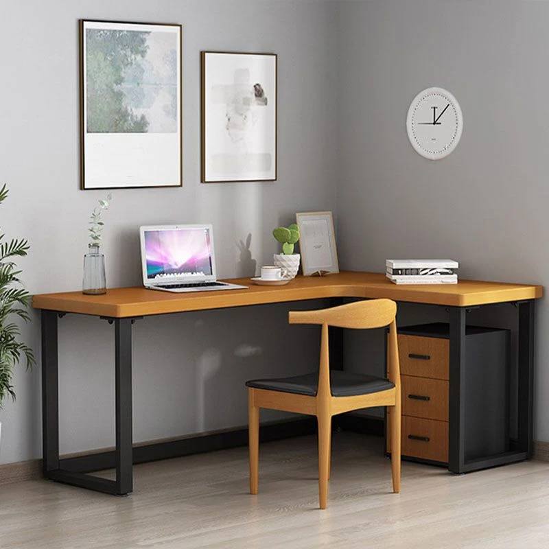 Bureau moderne en forme de L naturel, bureau d'écriture en bois massif avec tiroirs Clearhalo