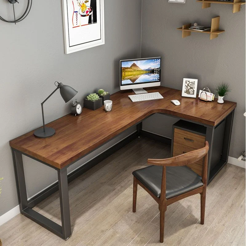 Bureau moderne naturel en forme de L, bureau d'écriture en bois massif pour la maison Clearhalo