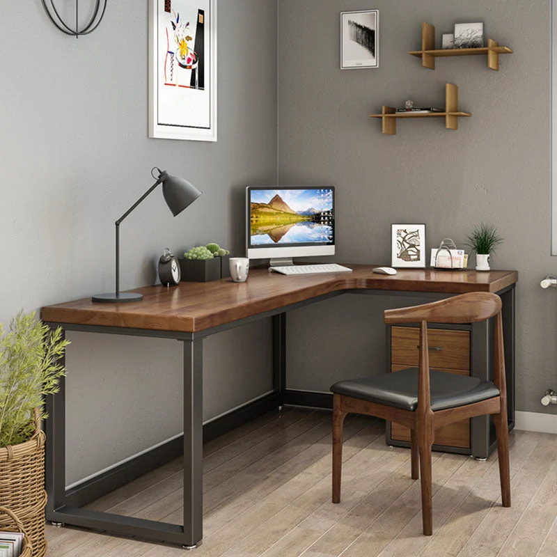 Bureau moderne naturel en forme de L, bureau d'écriture en bois massif pour la maison Clearhalo