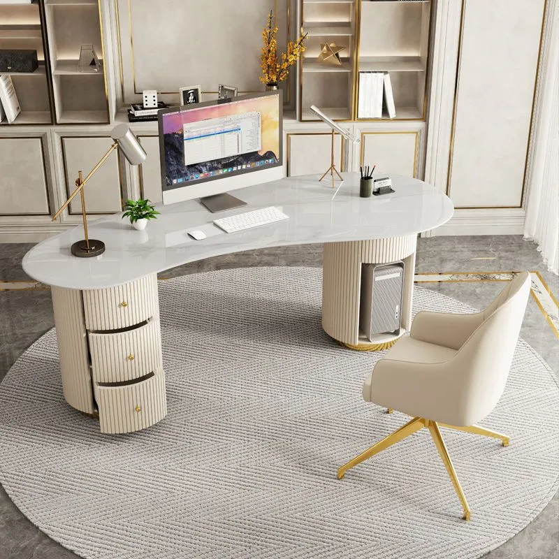 Bureau moderne à 3 tiroirs en pierre de 29,53 po de hauteur, bureau d'écriture blanc Clearhalo
