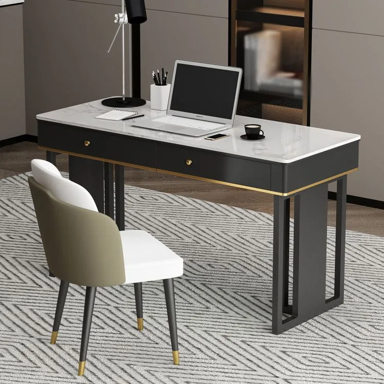 Bureau moderne à 2 tiroirs en pierre frittée avec base en métal Clearhalo