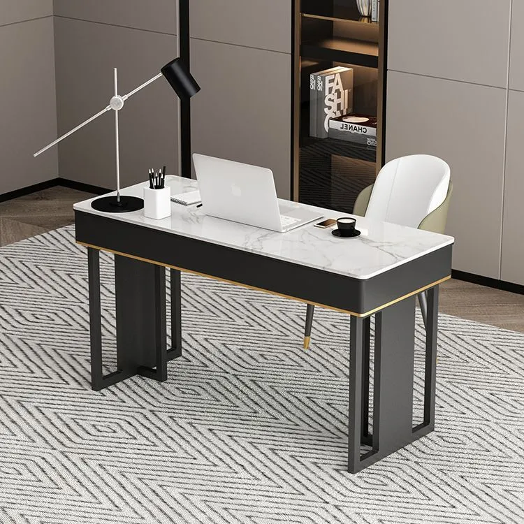 Bureau moderne à 2 tiroirs en pierre frittée avec base en métal Clearhalo