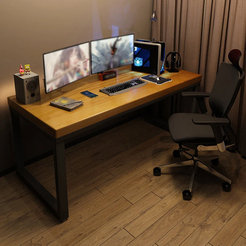 Bureau rectangulaire avec plateau en bois massif et pieds en métal noir sans chaise Clearhalo