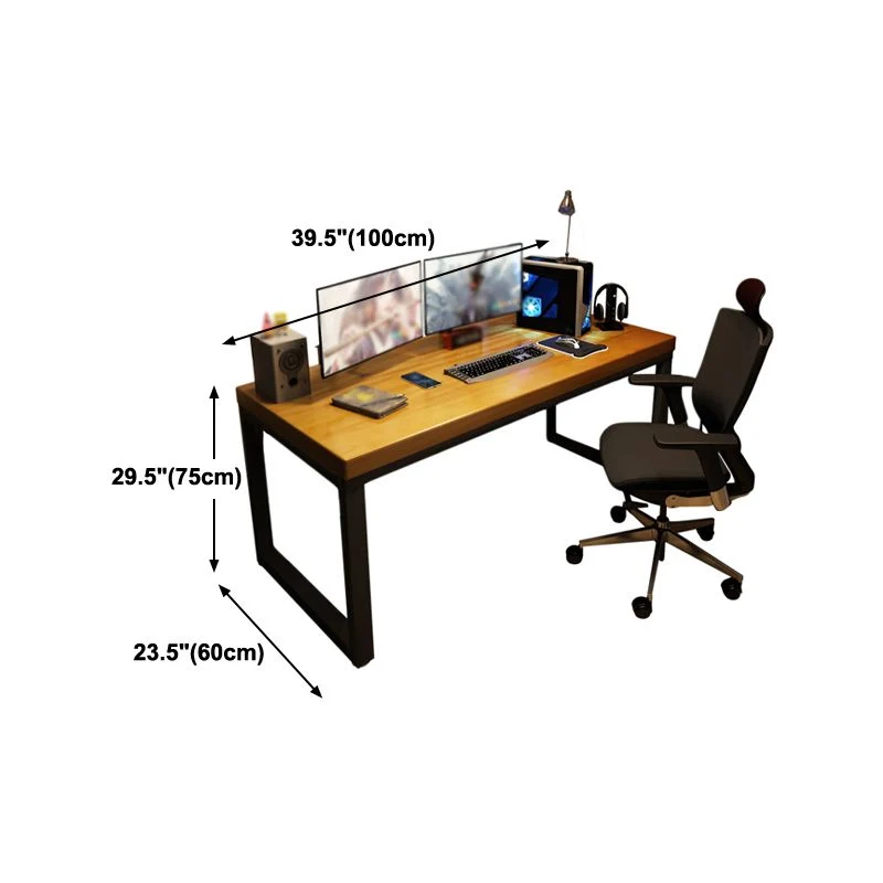 Bureau rectangulaire avec plateau en bois massif et pieds en métal noir sans chaise Clearhalo