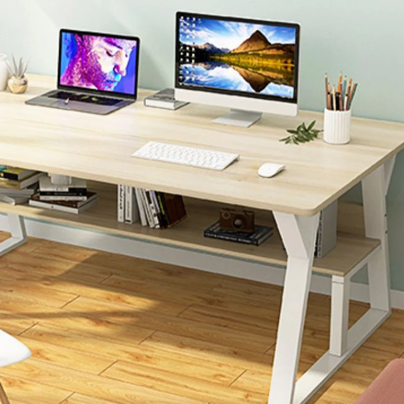 Bureau rectangulaire en bois avec tréteau, pied de Table en acier, bureau blanc pour chambre à coucher Clearhalo