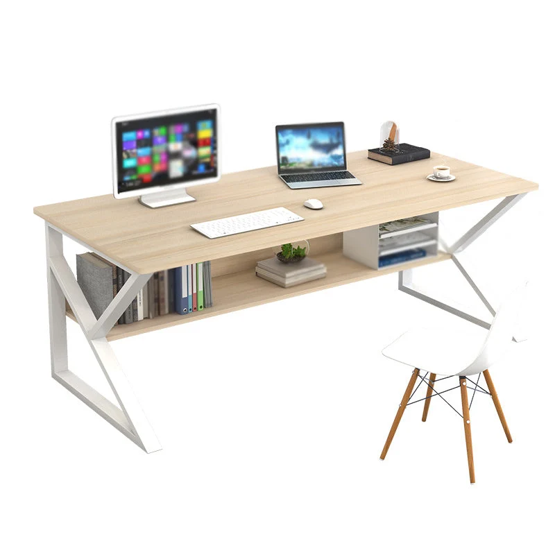 Bureau rectangulaire en bois manufacturé Bureau contemporain à base de tréteaux avec étagère Clearhalo
