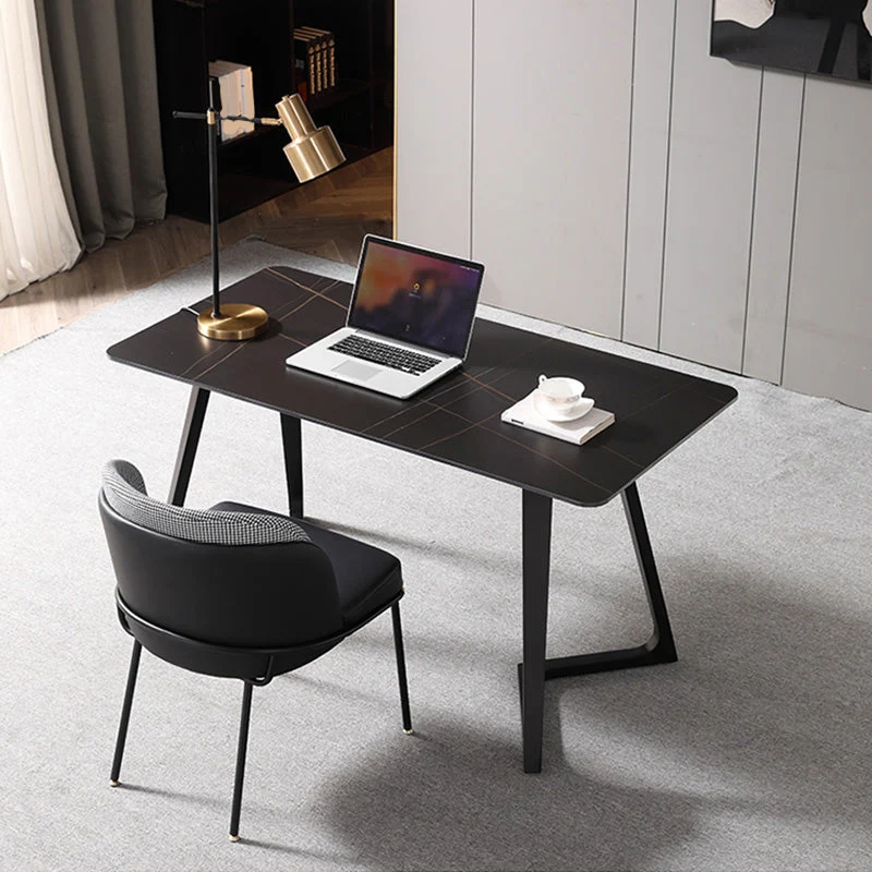 Bureau rectangulaire noir avec base en métal noir, bureau moderne Clearhalo