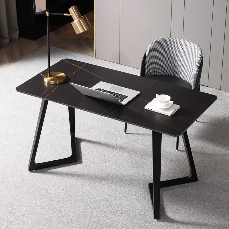 Bureau rectangulaire noir avec base en métal noir, bureau moderne Clearhalo