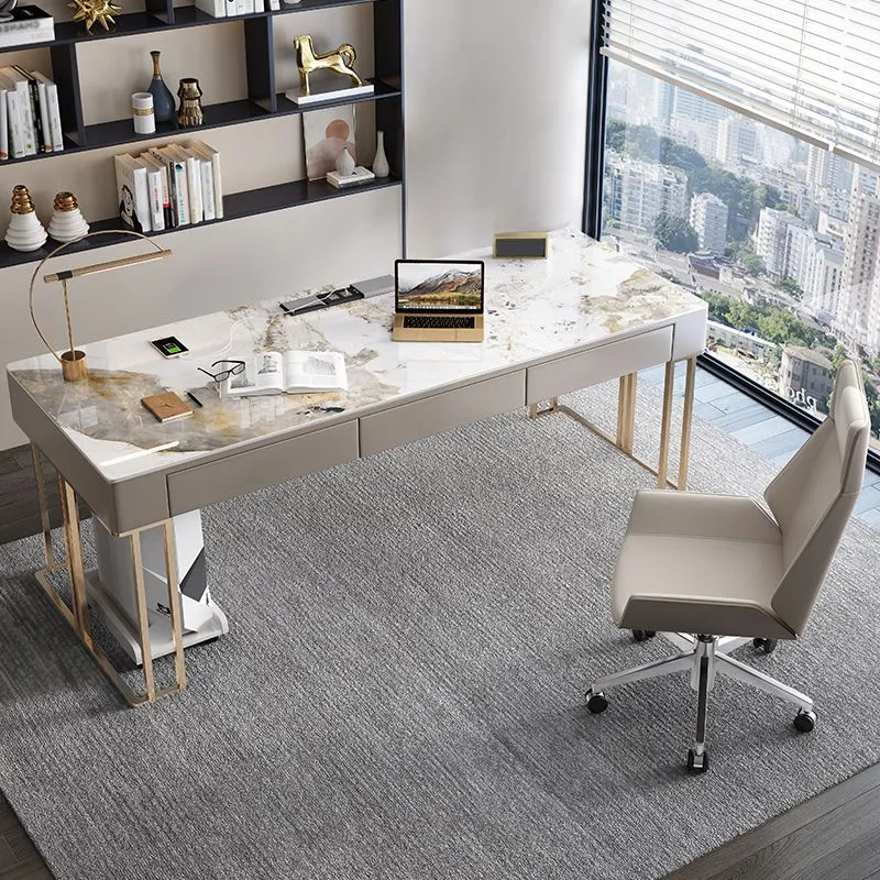 Bureau rectangulaire en pierre frittée de bureau à 3 tiroirs de style Glam Clearhalo