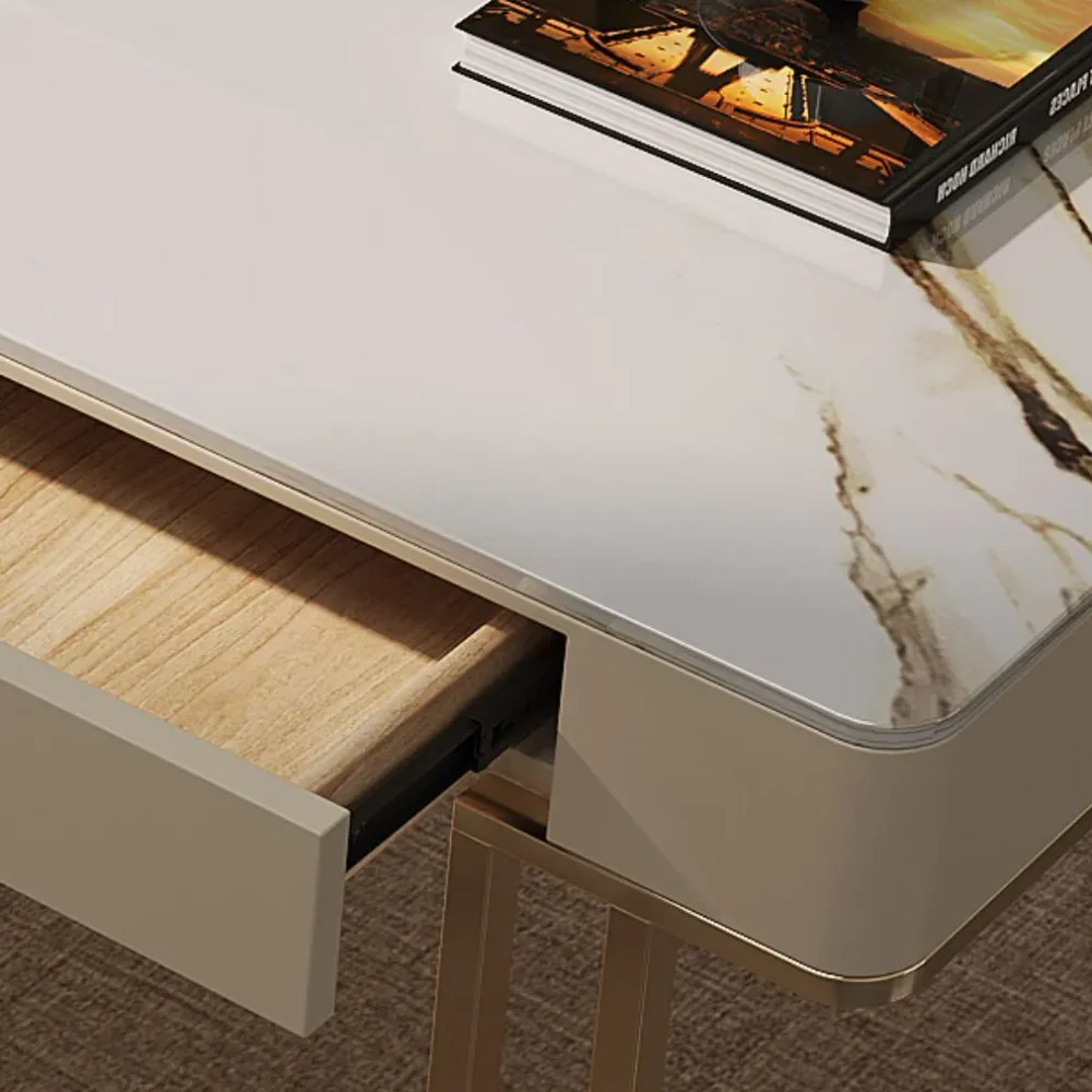 Bureau rectangulaire en pierre frittée de bureau à 3 tiroirs de style Glam Clearhalo