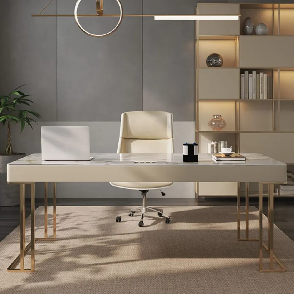 Bureau rectangulaire en pierre frittée de bureau à 3 tiroirs de style Glam Clearhalo