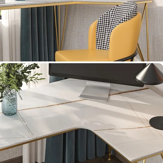 Bureau de style moderne en forme de L, bureau d'écriture en marbre et métal en blanc et or Clearhalo