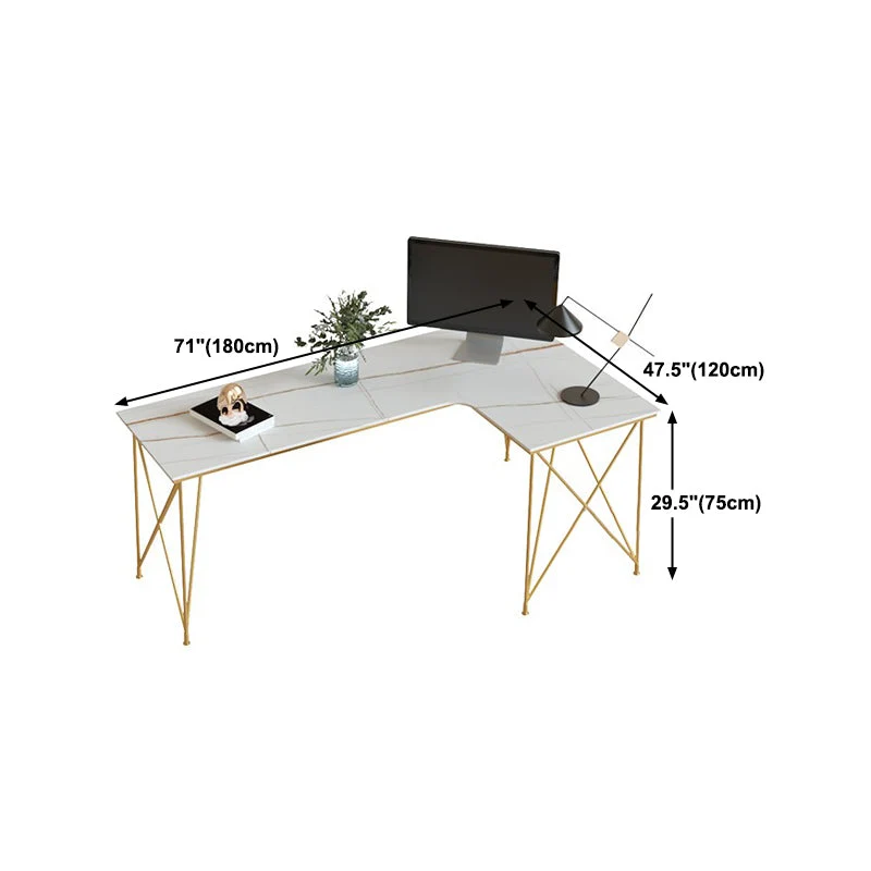 Bureau de style moderne en forme de L, bureau d'écriture en marbre et métal en blanc et or Clearhalo