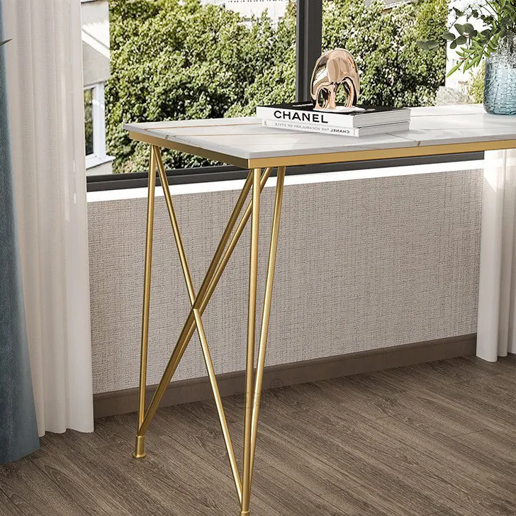 Bureau de style moderne en forme de L, bureau d'écriture en marbre et métal en blanc et or Clearhalo