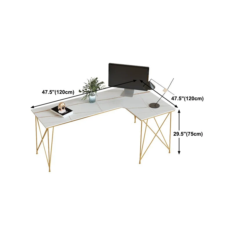 Bureau de style moderne en forme de L, bureau d'écriture en marbre et métal en blanc et or Clearhalo