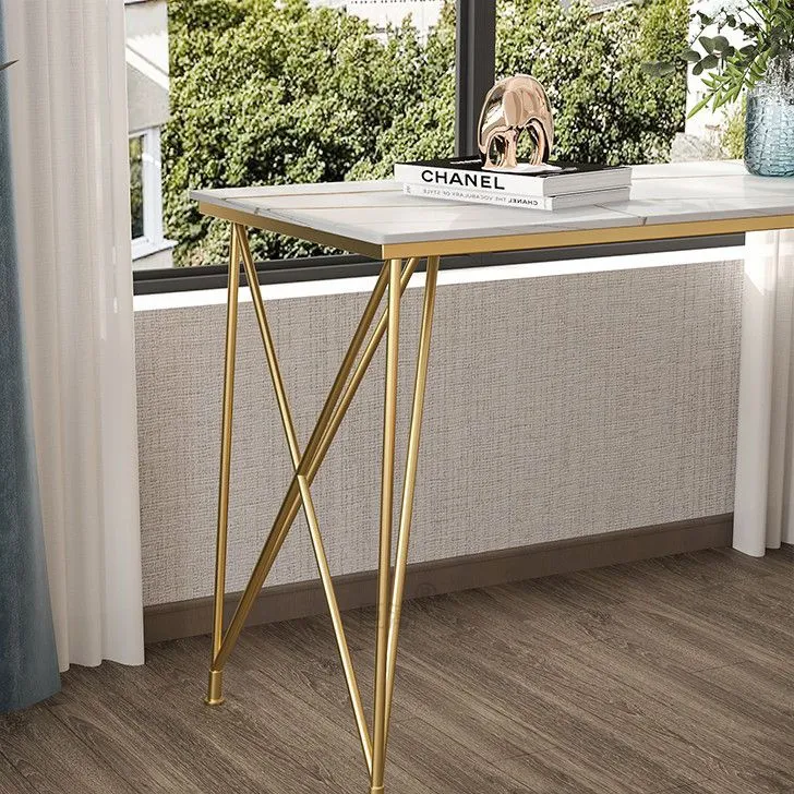Bureau de style moderne en forme de L, bureau d'écriture en marbre et métal en blanc et or Clearhalo