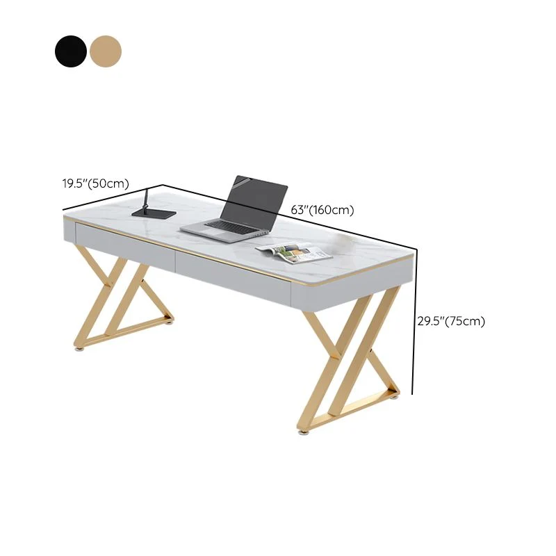 Bureau 2 tiroirs Bureau moderne en pierre et métal blanc Clearhalo