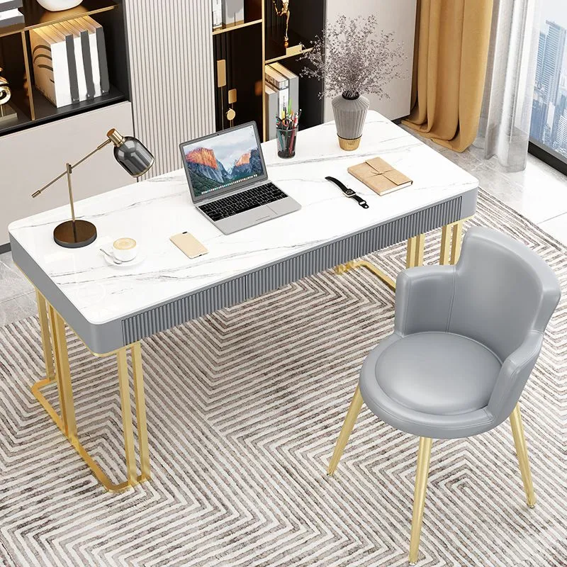 Bureau de travail contemporain en pierre de forme rectangulaire avec 2 pieds en blanc et or Clearhalo