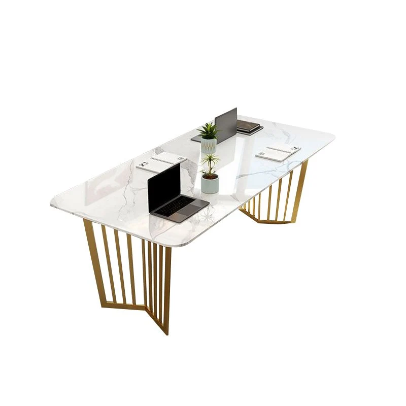 Bureau de travail de forme rectangulaire, bureau d'écriture en pierre en blanc et or pour le bureau Clearhalo