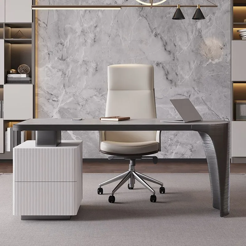 Bureau de travail moderne avec plateau en pierre, forme libre, avec 2 tiroirs, pour la maison Clearhalo