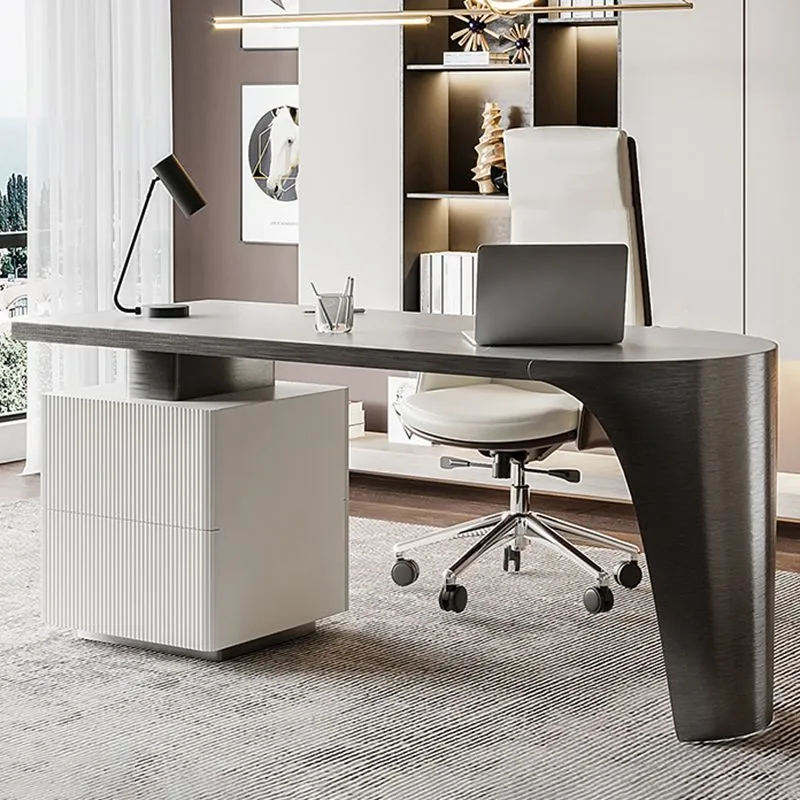 Bureau de travail moderne avec plateau en pierre, forme libre, avec 2 tiroirs, pour la maison Clearhalo