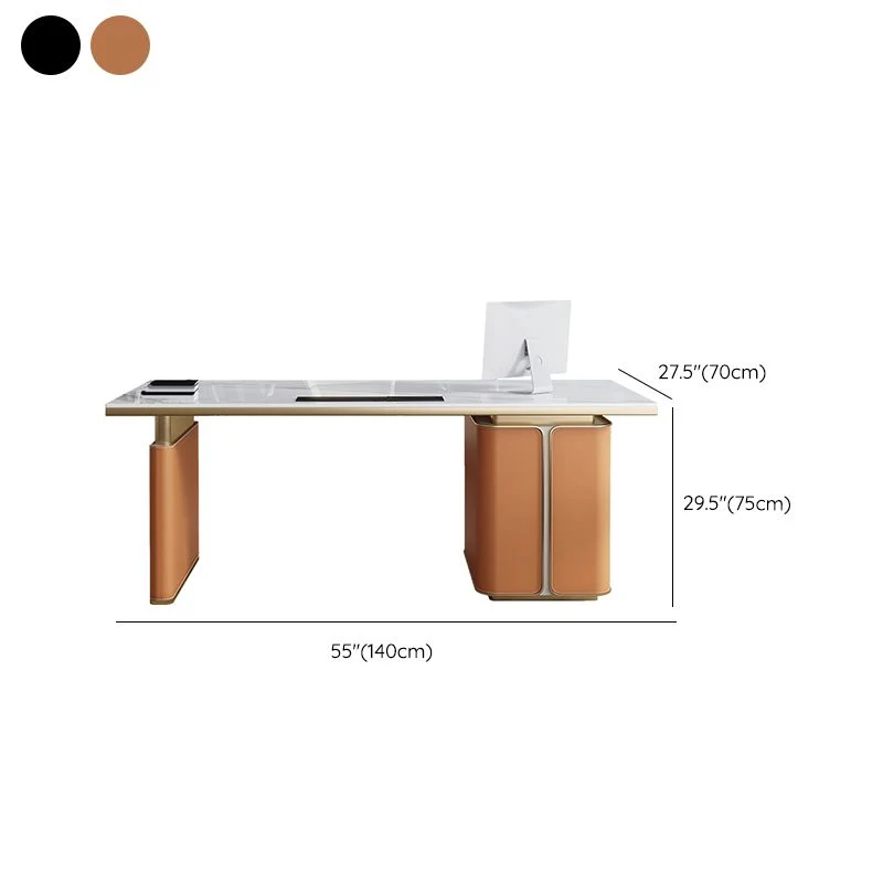 Bureau de travail moderne en pierre, forme rectangulaire, avec 3 tiroirs, gris/orange Clearhalo