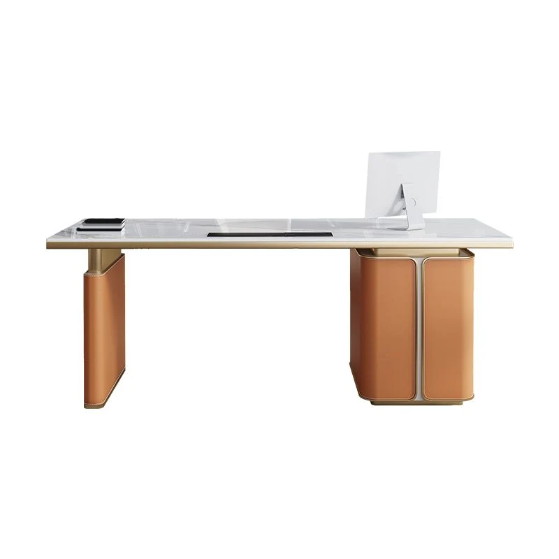 Bureau de travail moderne en pierre, forme rectangulaire, avec 3 tiroirs, gris/orange Clearhalo