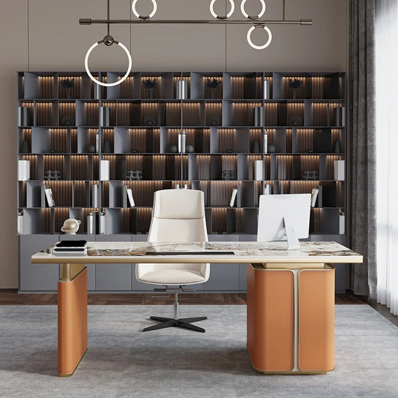 Bureau de travail moderne en pierre, forme rectangulaire, avec 3 tiroirs, gris/orange Clearhalo