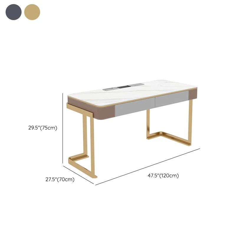 Bureau de travail moderne en pierre de forme rectangulaire avec 2 tiroirs en blanc/gris Clearhalo