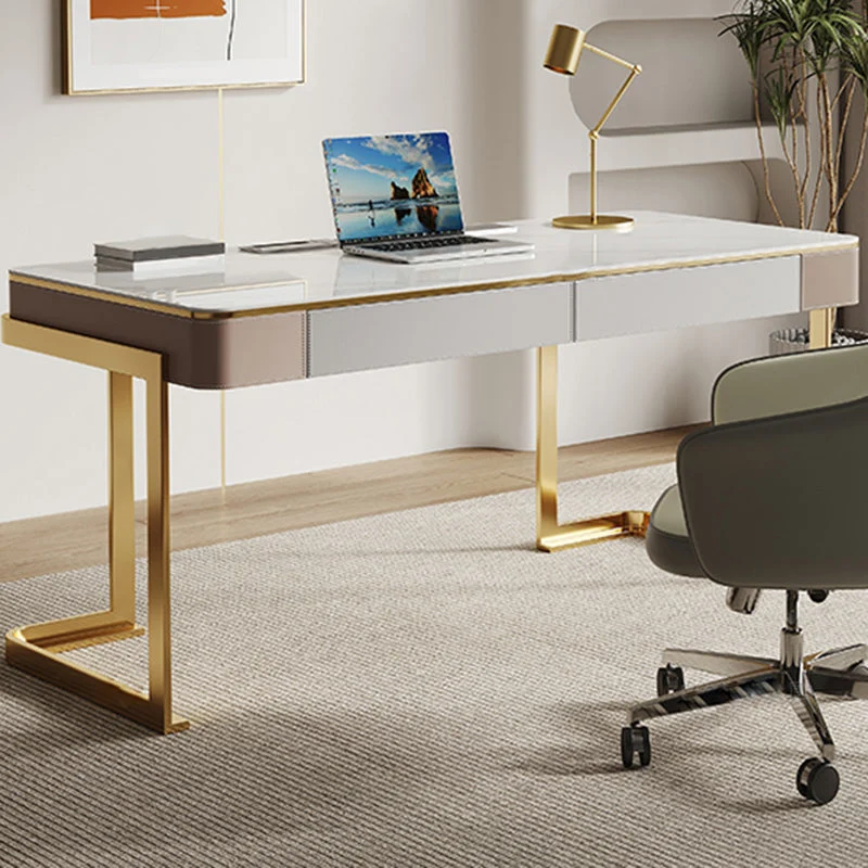 Bureau de travail moderne en pierre de forme rectangulaire avec 2 tiroirs en blanc/gris Clearhalo