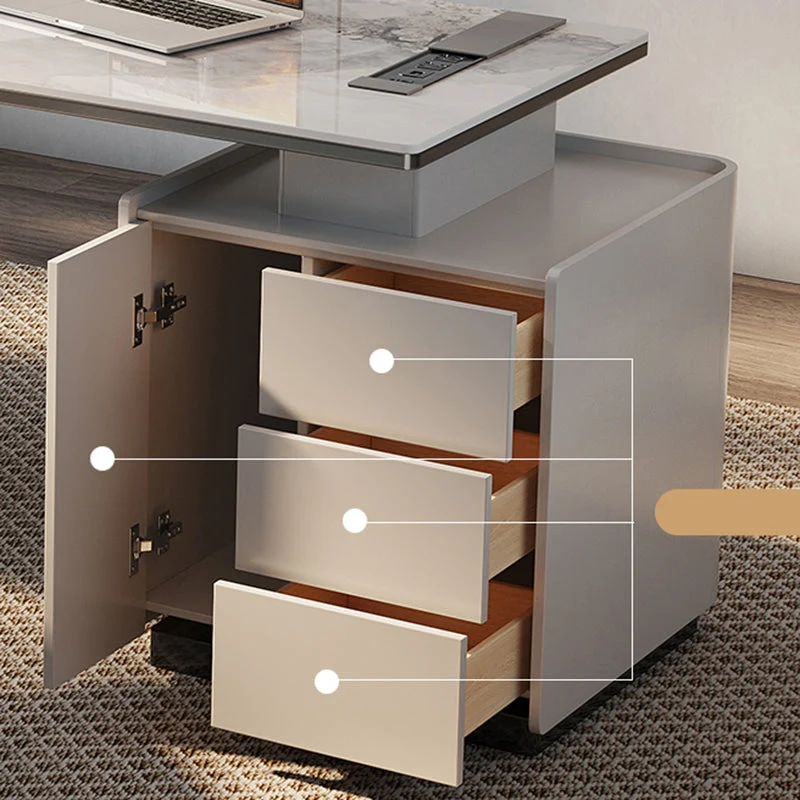 Bureau de travail moderne en pierre de forme rectangulaire avec tiroirs en blanc Clearhalo