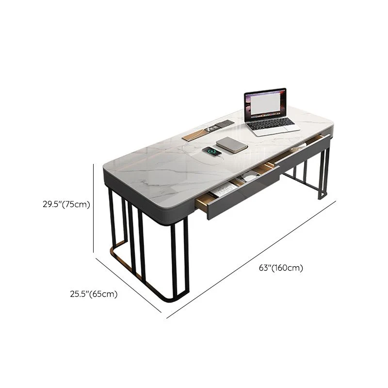 Bureau de travail moderne en pierre de forme rectangulaire avec 2 tiroirs en gris Clearhalo