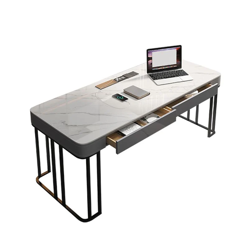 Bureau de travail moderne en pierre de forme rectangulaire avec 2 tiroirs en gris Clearhalo