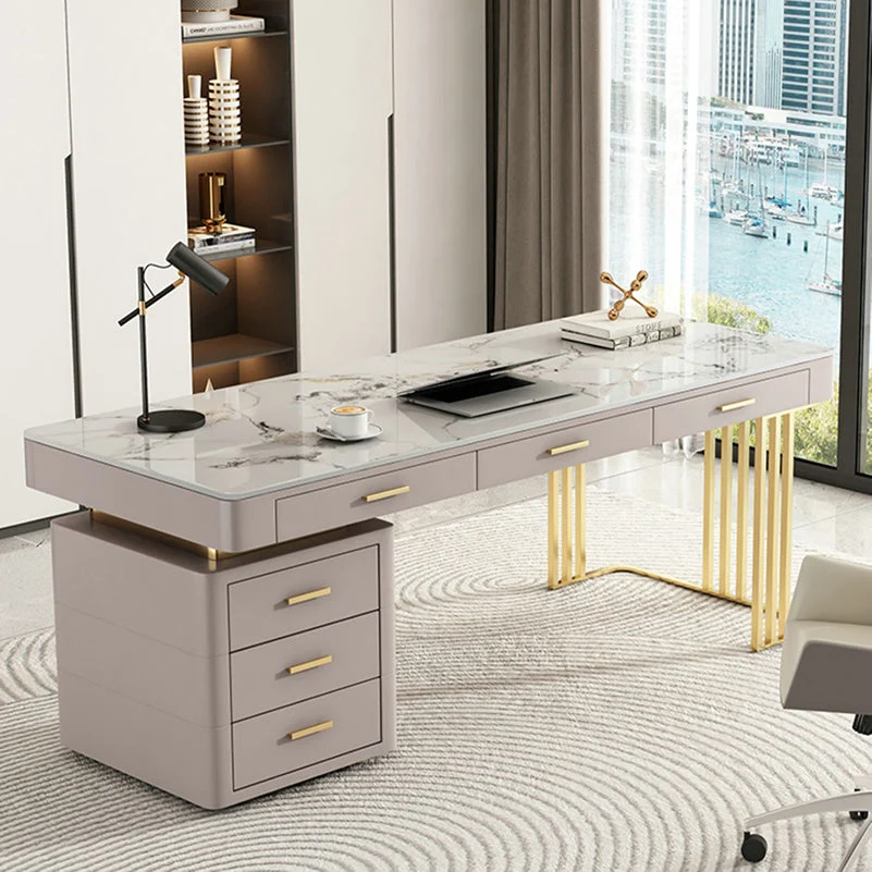 Bureau de travail moderne en pierre de forme rectangulaire avec 6 tiroirs en gris Clearhalo