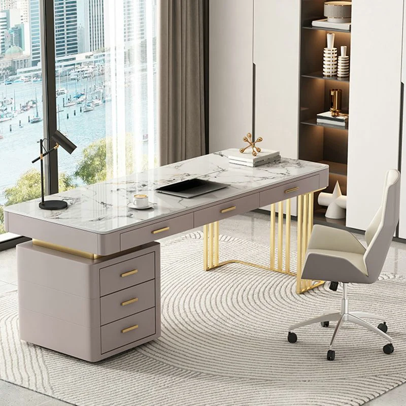 Bureau de travail moderne en pierre de forme rectangulaire avec 6 tiroirs en gris Clearhalo