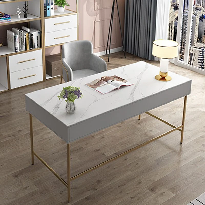 Bureau de travail moderne en pierre de forme rectangulaire avec 2 tiroirs en gris et or Clearhalo